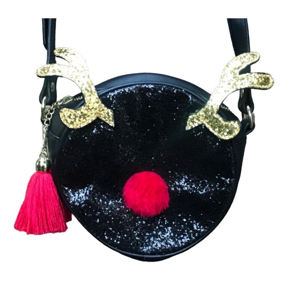Mad Love Glitter Reindeer Black Crossbody Bag Round Purse Christmas - Picture 2 of 5